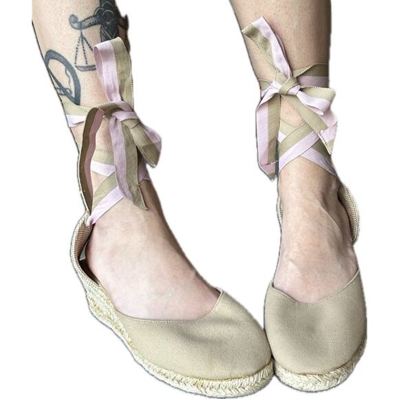 HIGH WEDGE Lace Up Women Espadrilles Pink Tan Montego Bay Club Size 10 Strappy - Picture 1 of 8